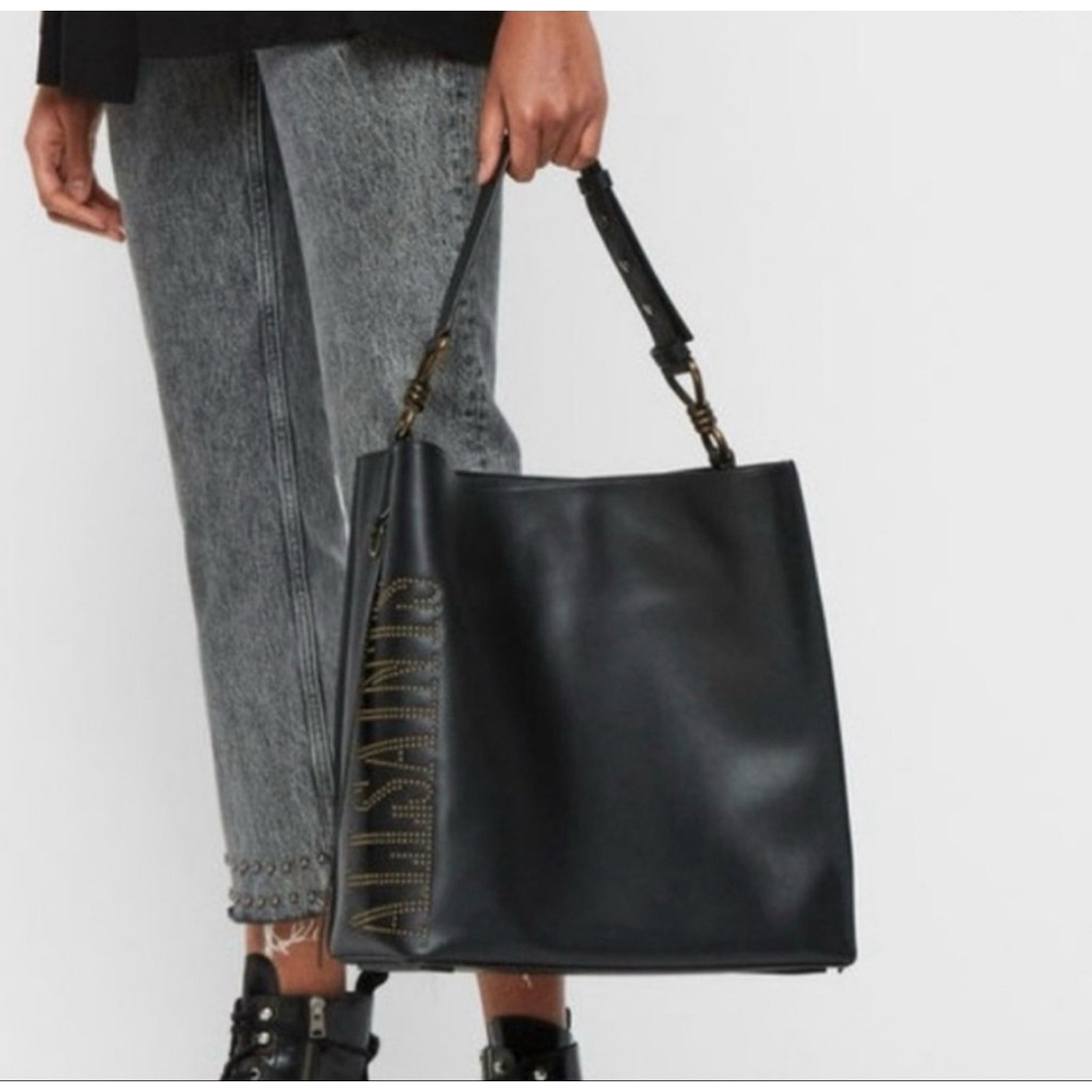 AllSaints Black Leather Shoulder Bag Gold Studs Logo